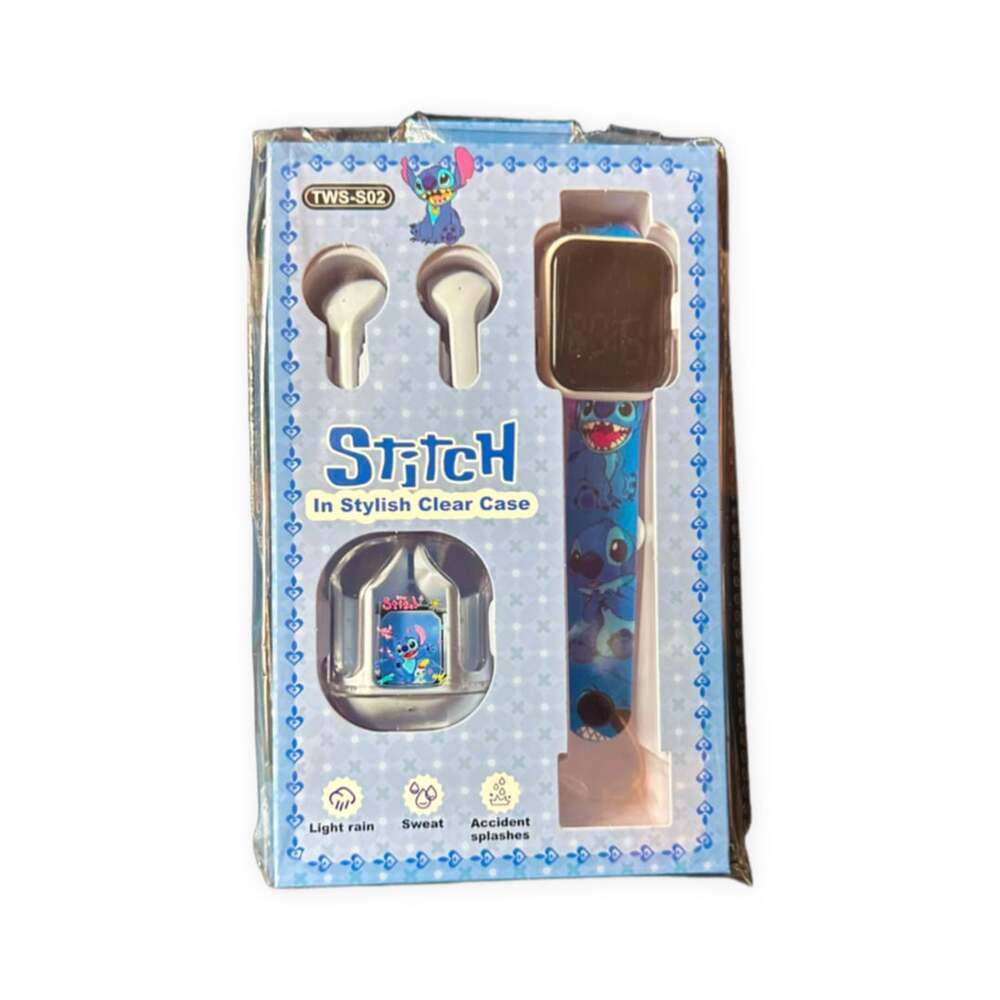 Stitch TWS-S02 Earbuds Smart Watch Acrylic Case Blue Silicone Band Heart Rate